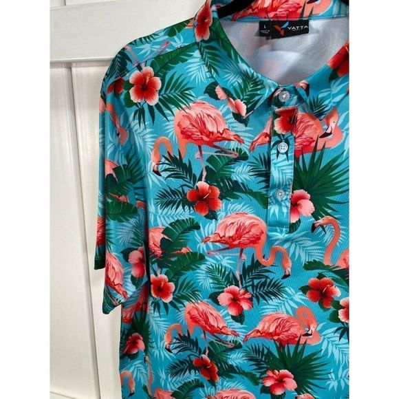 Yata Golf Men's Polo Flamingos Green Pink Size Large - Picture 3 of 5